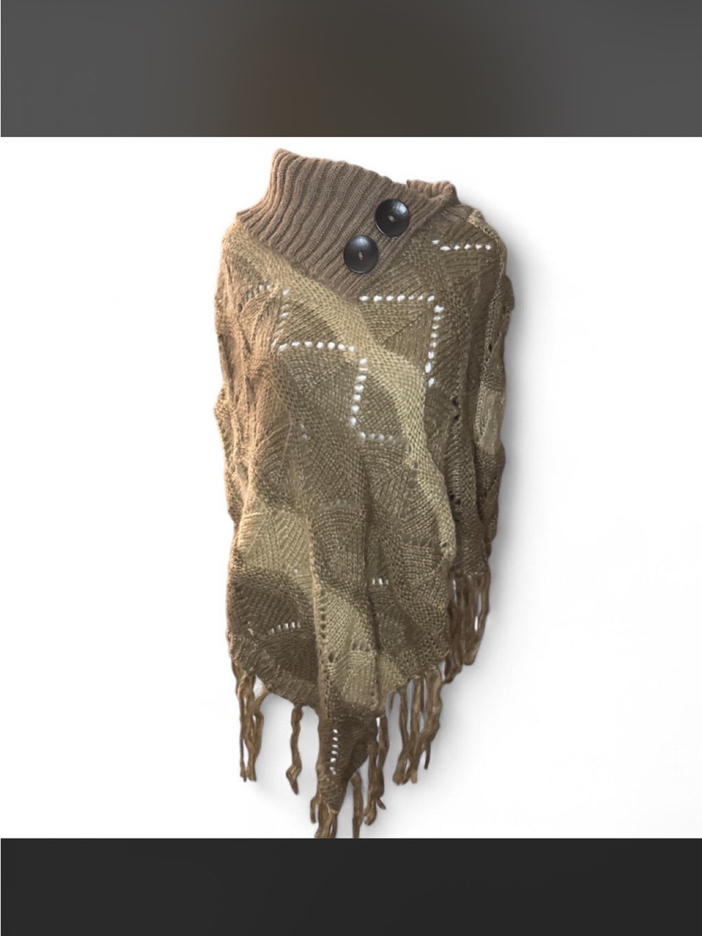 Ralph Lauren Olive & Tan Fringe Knit Poncho with Buttoned Rib Collar